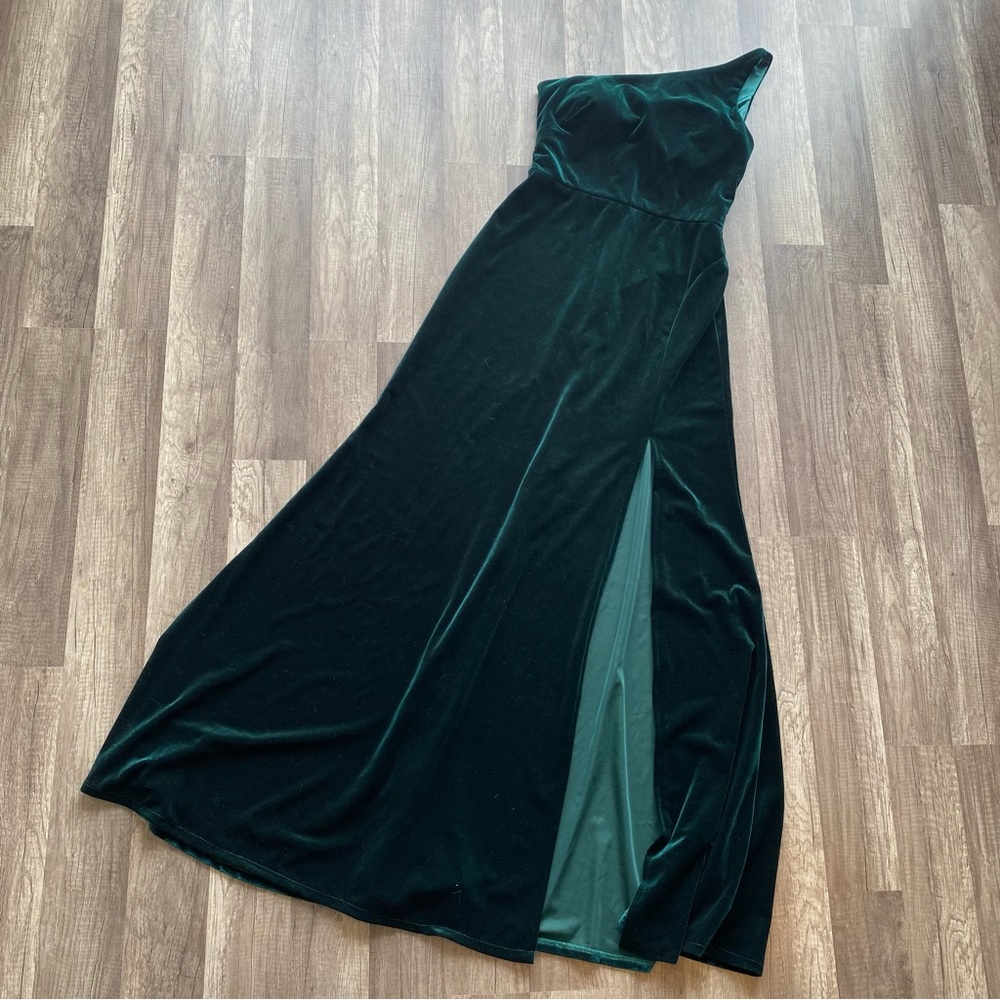 Jenny Yoo Collection Cybill Emerald Green Velvet One Shoulder Maxi Dress, Size 6 - Picture 3 of 8